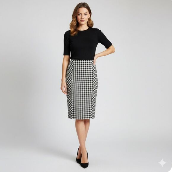 J. Jill Ponte Black and White Gingham Check Pencil Skirt Size Medium Pull on - Picture 1 of 8